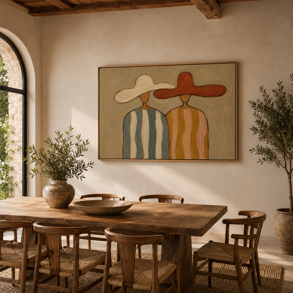 Vintage Americana Art – Earthy Minimalist Abstract Figure Handmade Textured Oil Painting Wall Art