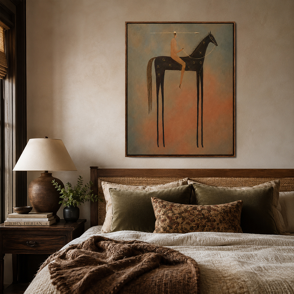 Vintage Americana Art – Celestial Starry Horse Rider Textured Handmade Oil Painting Wall Art