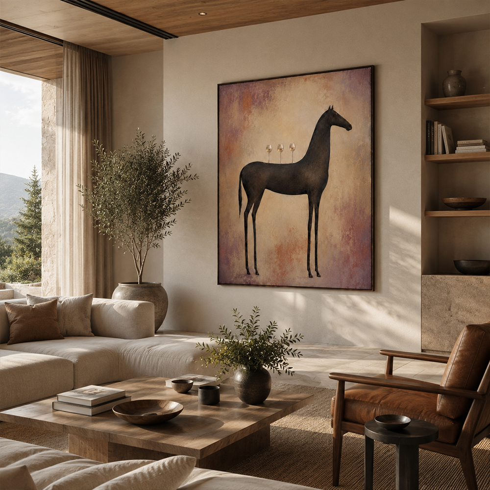 Vintage Americana Art – Slender Dark Horse with Wine Glasses Textured Handmade Oil Painting Wall Art