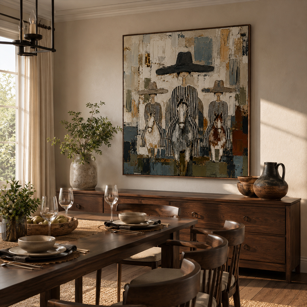 Vintage Americana Art – Three Striped Hat Ladies & Horses Textured Handmade Oil Painting Wall Art
