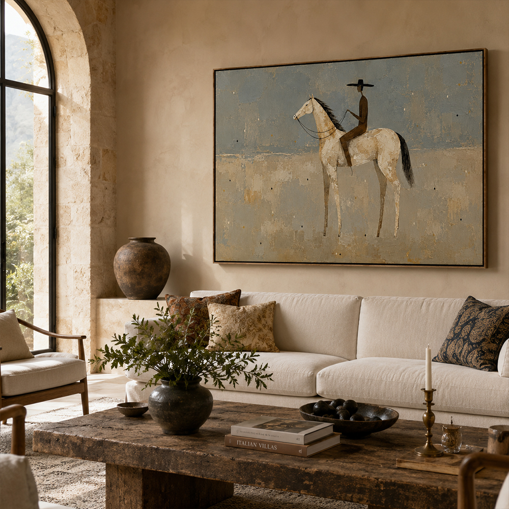 Vintage Americana Art – Pale Horse Rider Textured Handmade Oil Painting Wall Art