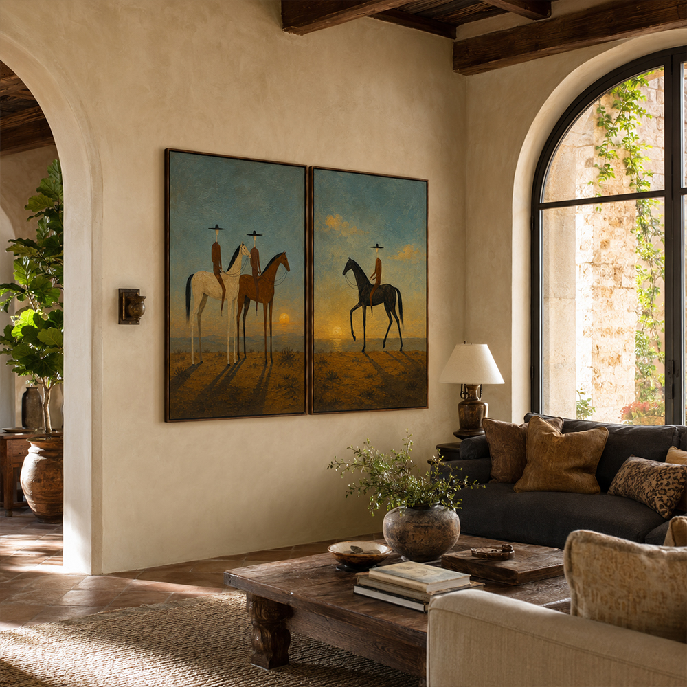 Vintage Americana Art – Sunset Cowboy Horse Diptych Textured Handmade Oil Painting Wall Art