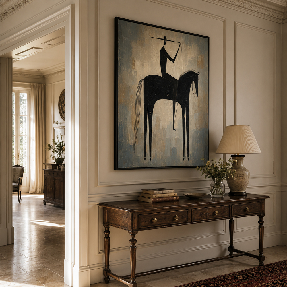 Vintage Americana Art – Primitive Black Horse Rider Textured Handmade Oil Painting Wall Art