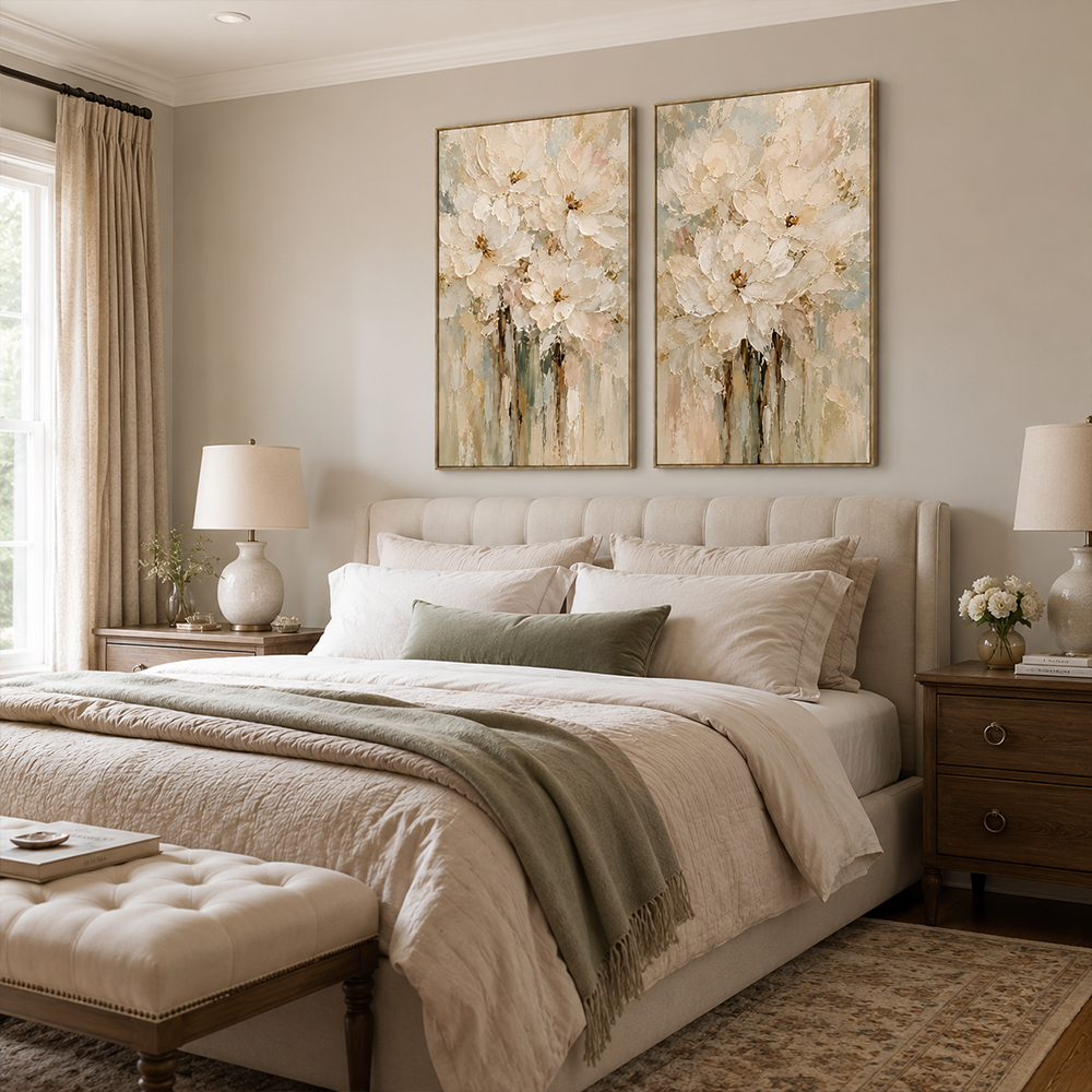 Abstract Wall Art – Cream Floral Textured Handmade Oil Painting Wall Art