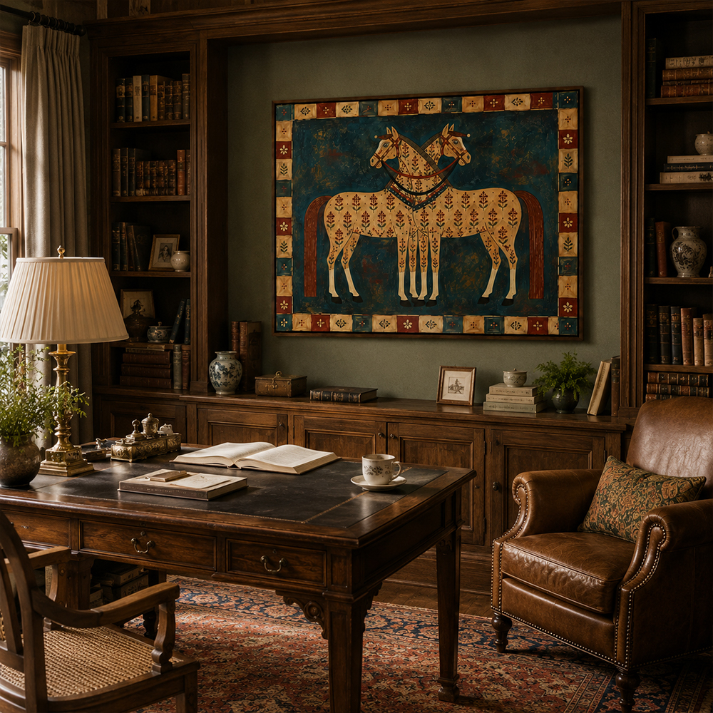 Vintage Americana Art – Folk Twin Horses Textured Handmade Oil Painting Wall Art