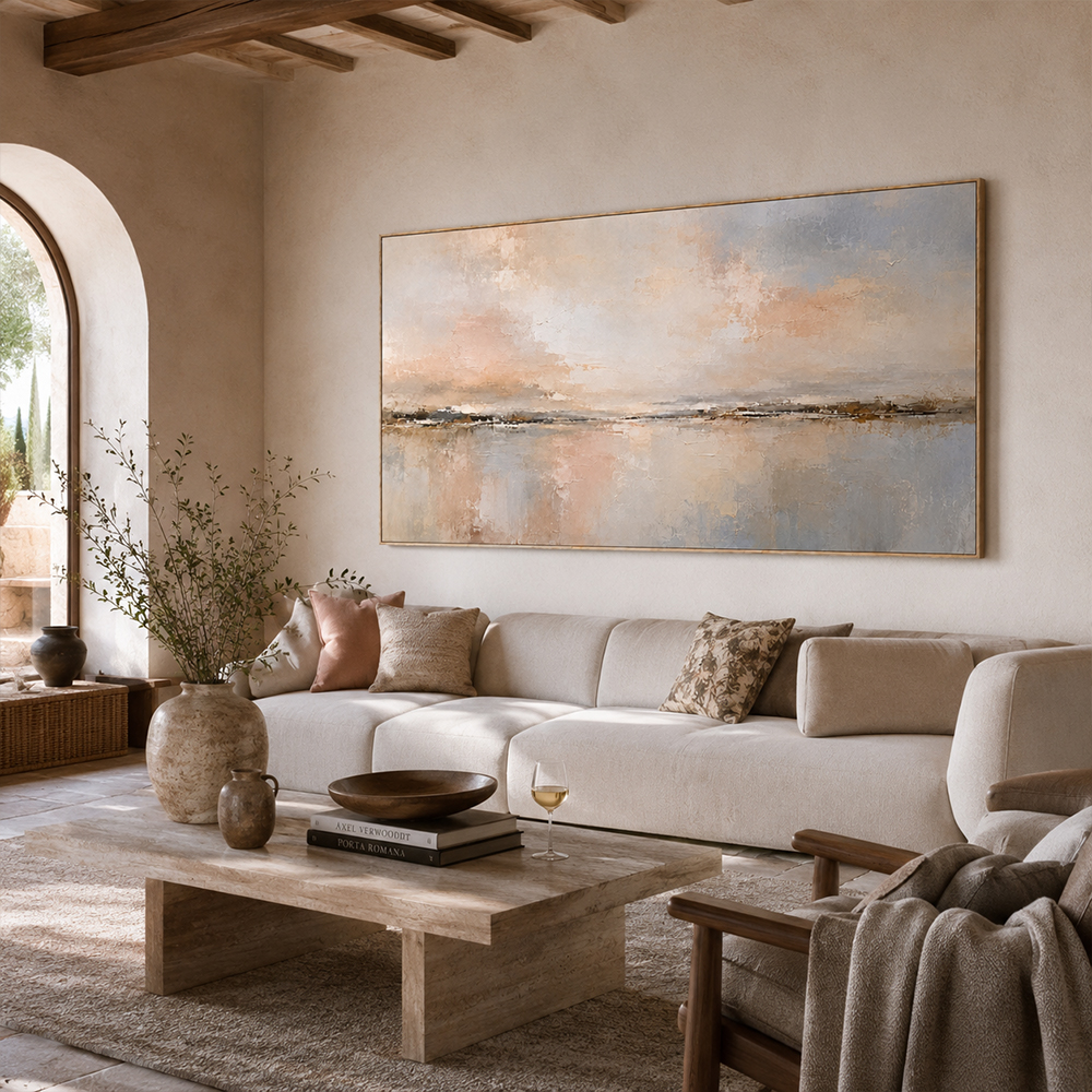 Abstract Wall Art – Neutral Lakescape Textured Handmade Oil Painting Wall Art
