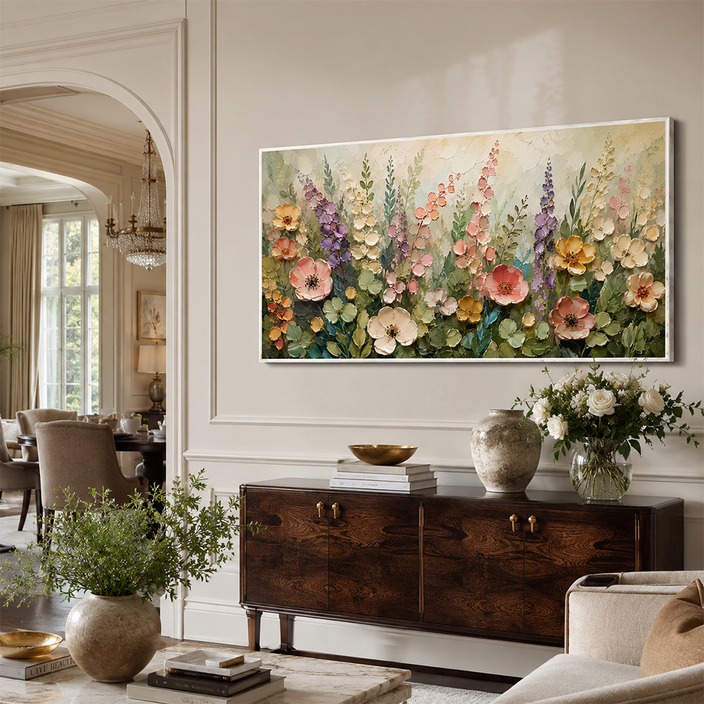 Texture Painting Art – Pastel Wildflower Textured Handmade Oil Painting Wall Art