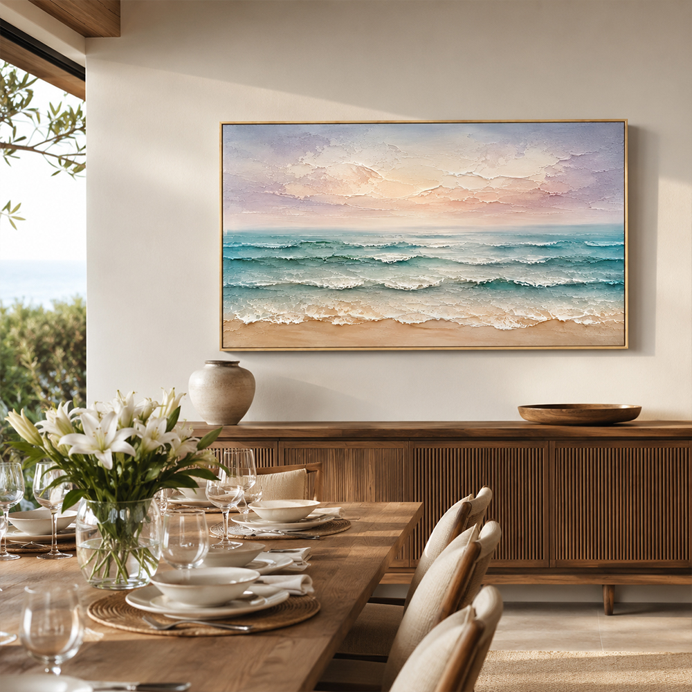 Texture Painting Art – Pastel Beach Waves Textured Handmade Oil Painting Wall Art