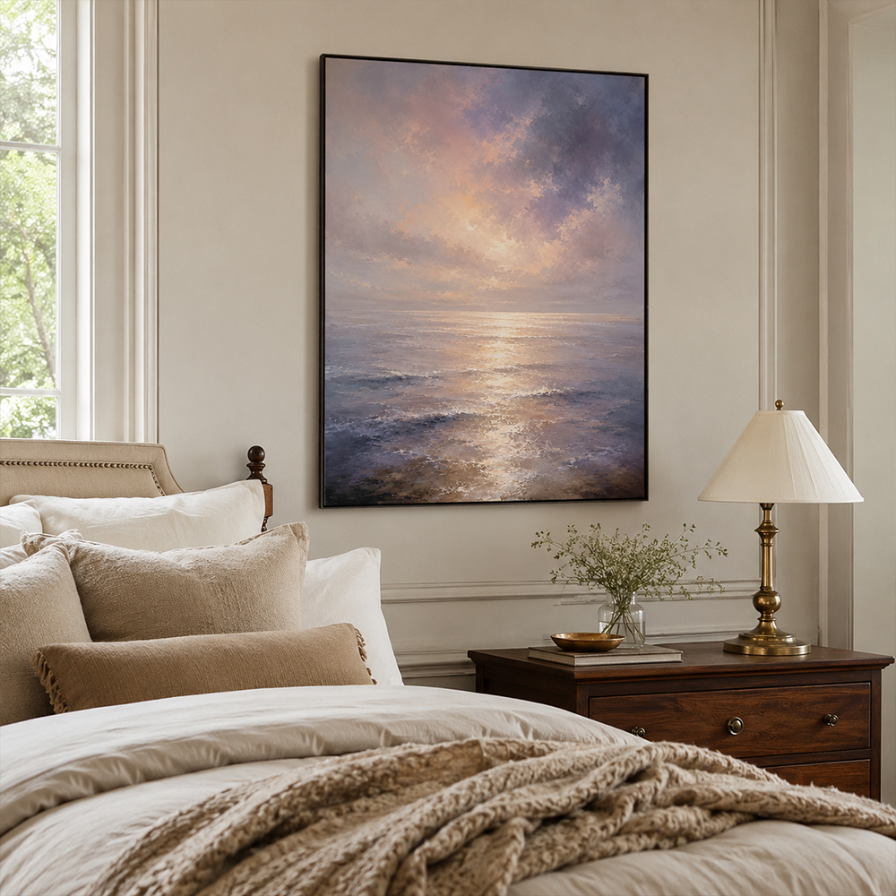 Minimalist Painting Art – Sunset Ocean Reflection Textured Handmade Oil Painting Wall Art