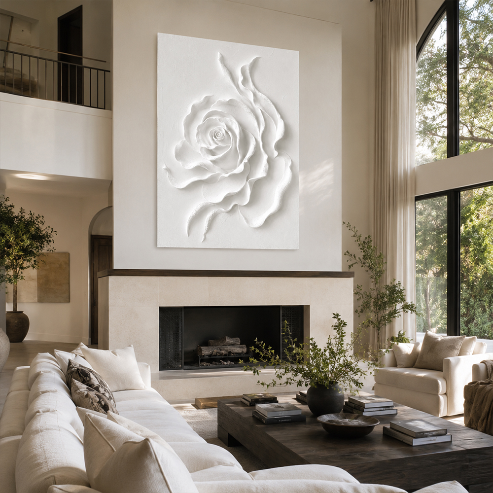 Minimalist Painting Art – Textured White Rose Relief