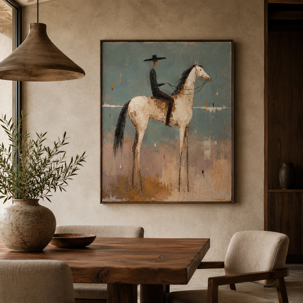 Vintage Americana Art – Textured Surreal Equestrian Handmade Oil Painting Wall Art