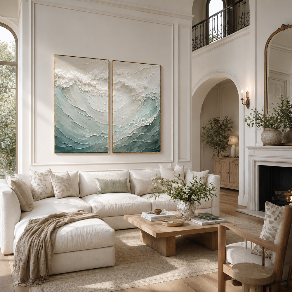 Minimalist Painting Art – Textured Ocean Wave Diptych