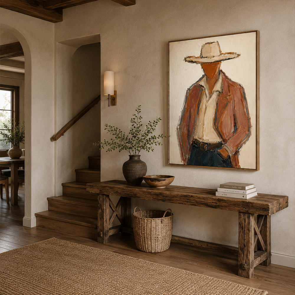 Vintage Americana Art – Textured Rustic Western Minimalist Handmade Oil Painting Wall Art