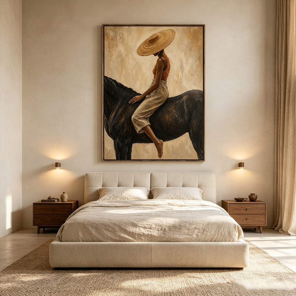 Vintage Americana Art – Handmade Woman & Dark Horse Textured Oil Painting