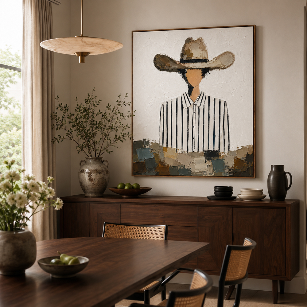 Vintage Americana Art – Striped Shirt Cowboy Textured Handmade Oil Painting Wall Art