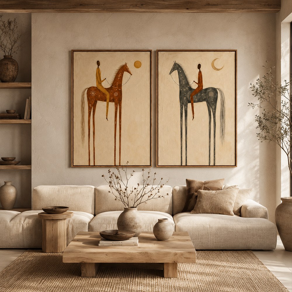 Vintage Americana Art – Sun & Moon Equestrian Diptych Textured Handmade Oil Painting Wall Art