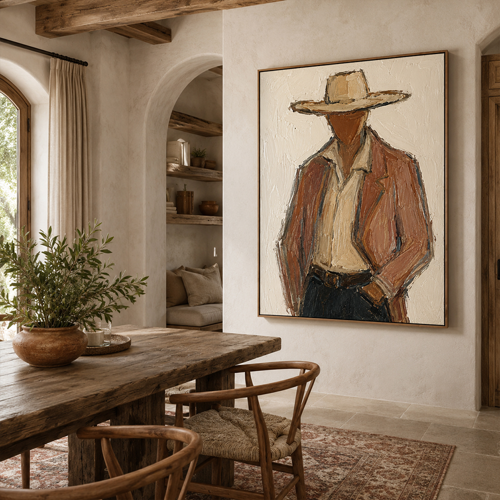 Vintage Americana Art – Textured Rustic Western Minimalist Handmade Oil Painting Wall Art