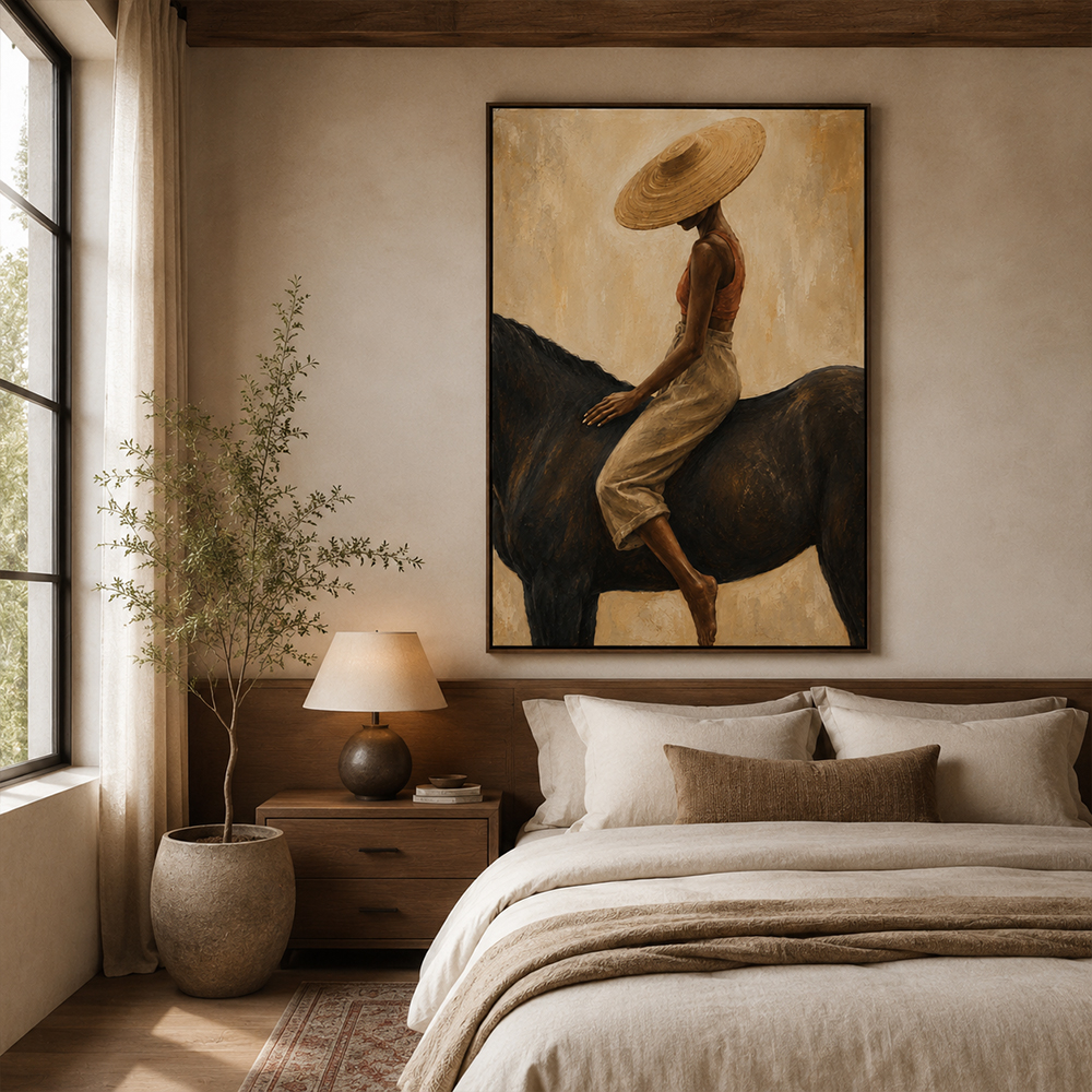 Vintage Americana Art – Handmade Woman & Dark Horse Textured Oil Painting
