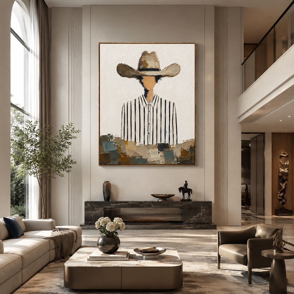 Vintage Americana Art – Striped Shirt Cowboy Textured Handmade Oil Painting Wall Art