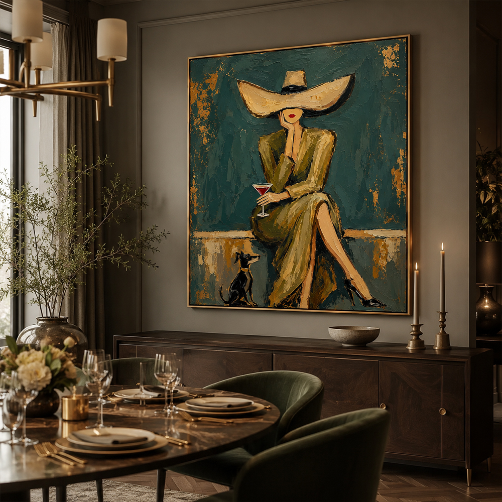 Vintage Americana Art – Hat Lady with Cocktail & Dog Textured Handmade Oil Painting Wall Art