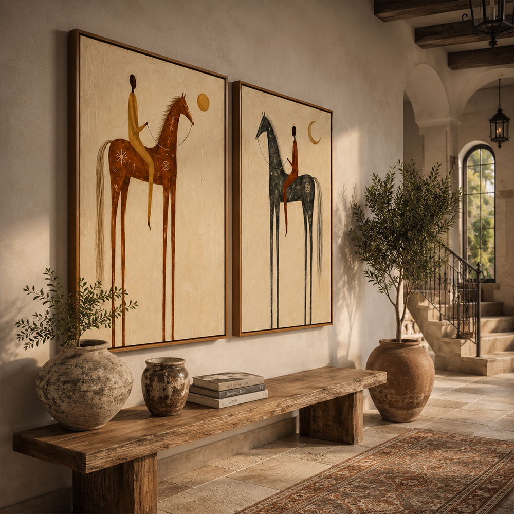 Vintage Americana Art – Sun & Moon Equestrian Diptych Textured Handmade Oil Painting Wall Art