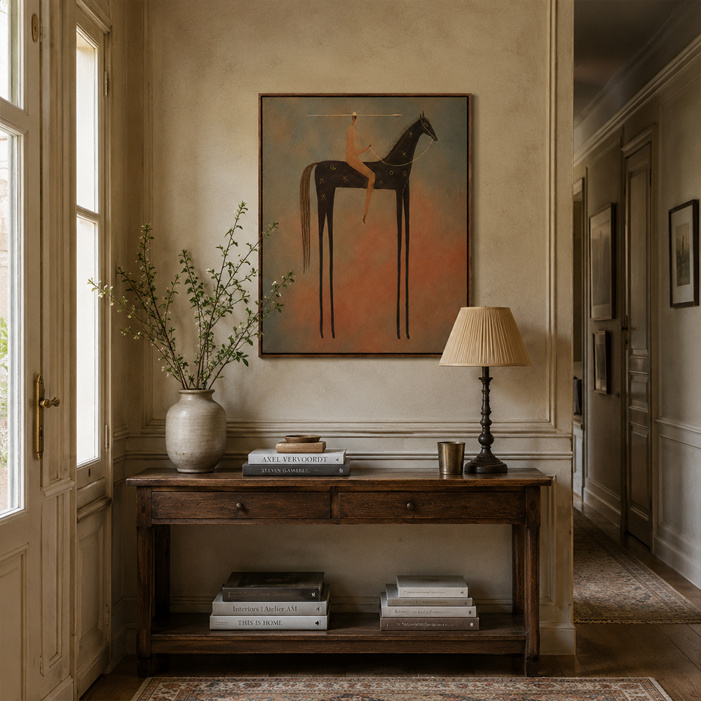 Vintage Americana Art – Celestial Starry Horse Rider Textured Handmade Oil Painting Wall Art