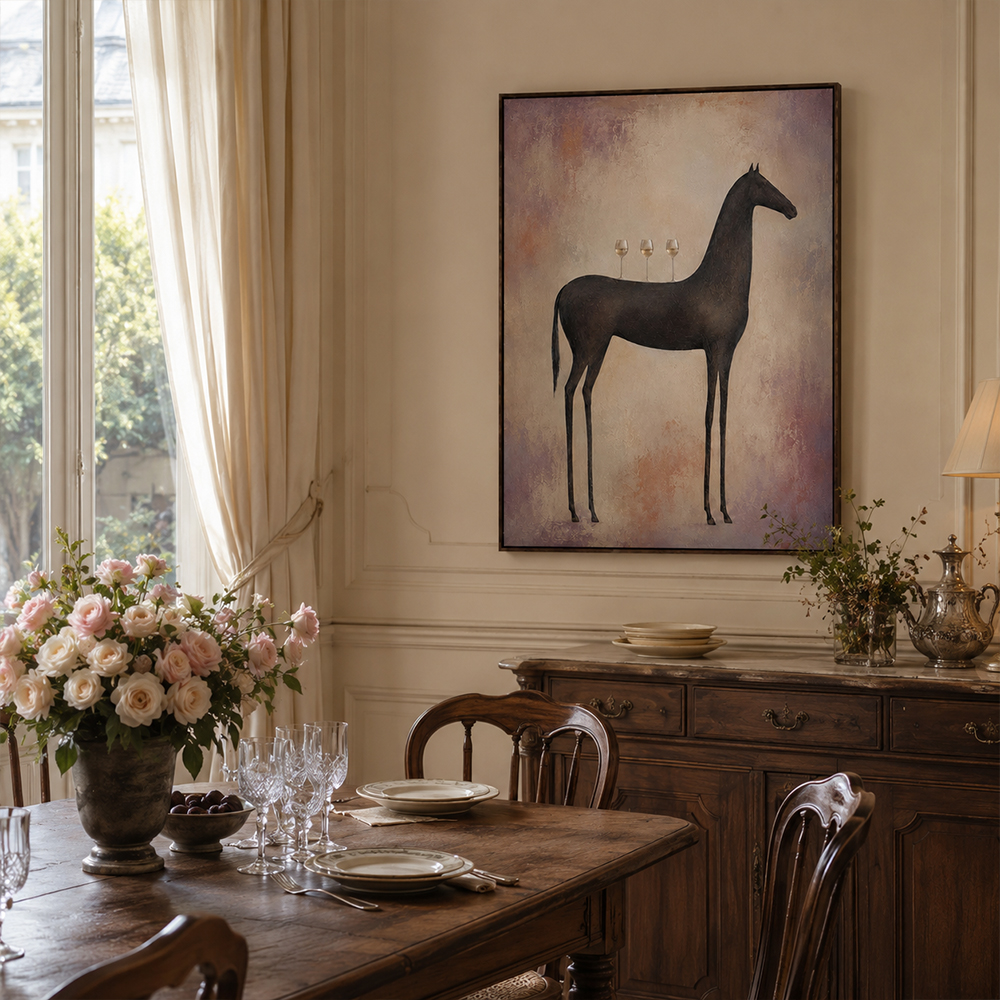 Vintage Americana Art – Slender Dark Horse with Wine Glasses Textured Handmade Oil Painting Wall Art