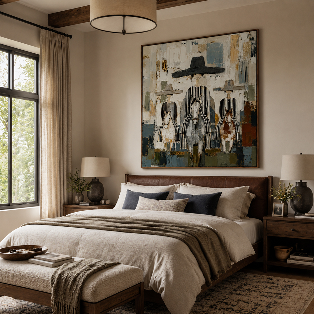 Vintage Americana Art – Three Striped Hat Ladies & Horses Textured Handmade Oil Painting Wall Art