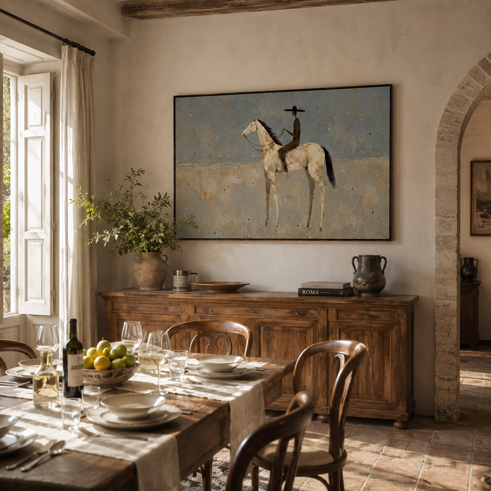 Vintage Americana Art – Pale Horse Rider Textured Handmade Oil Painting Wall Art