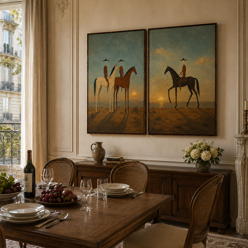 Vintage Americana Art – Sunset Cowboy Horse Diptych Textured Handmade Oil Painting Wall Art