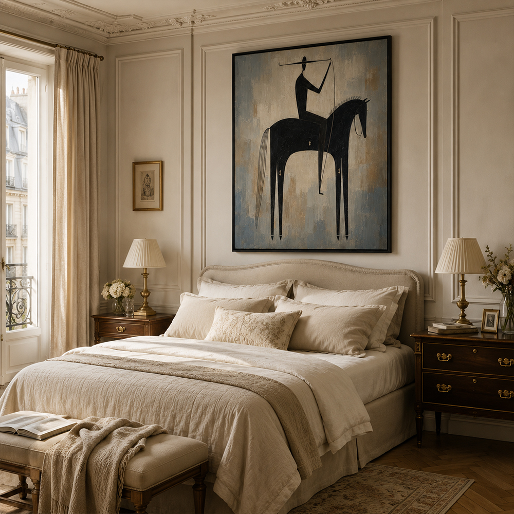 Vintage Americana Art – Primitive Black Horse Rider Textured Handmade Oil Painting Wall Art