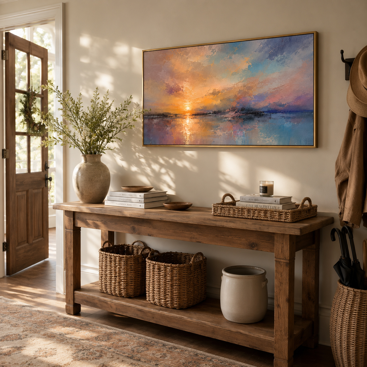 Abstract Wall Art – Sunset Lakescape Textured Handmade Oil Painting Wall Art