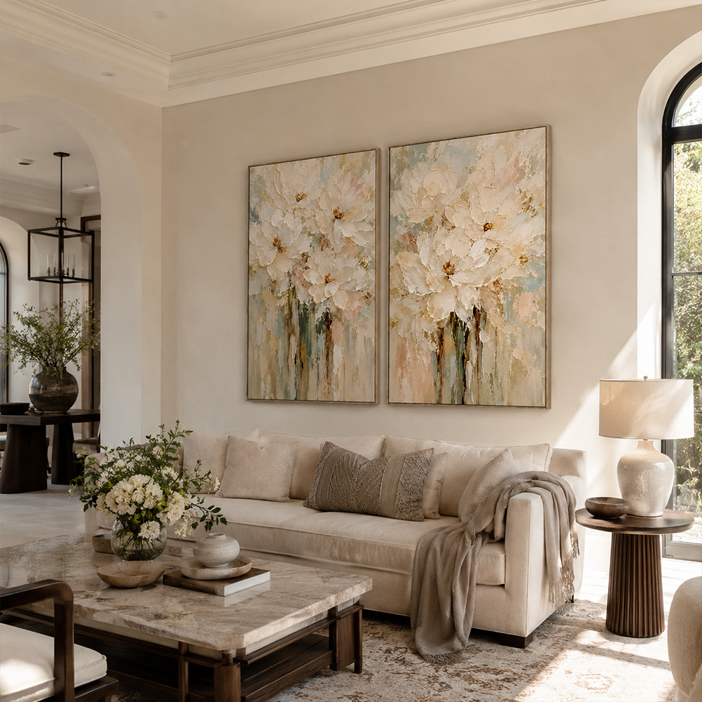 Abstract Wall Art – Cream Floral Textured Handmade Oil Painting Wall Art