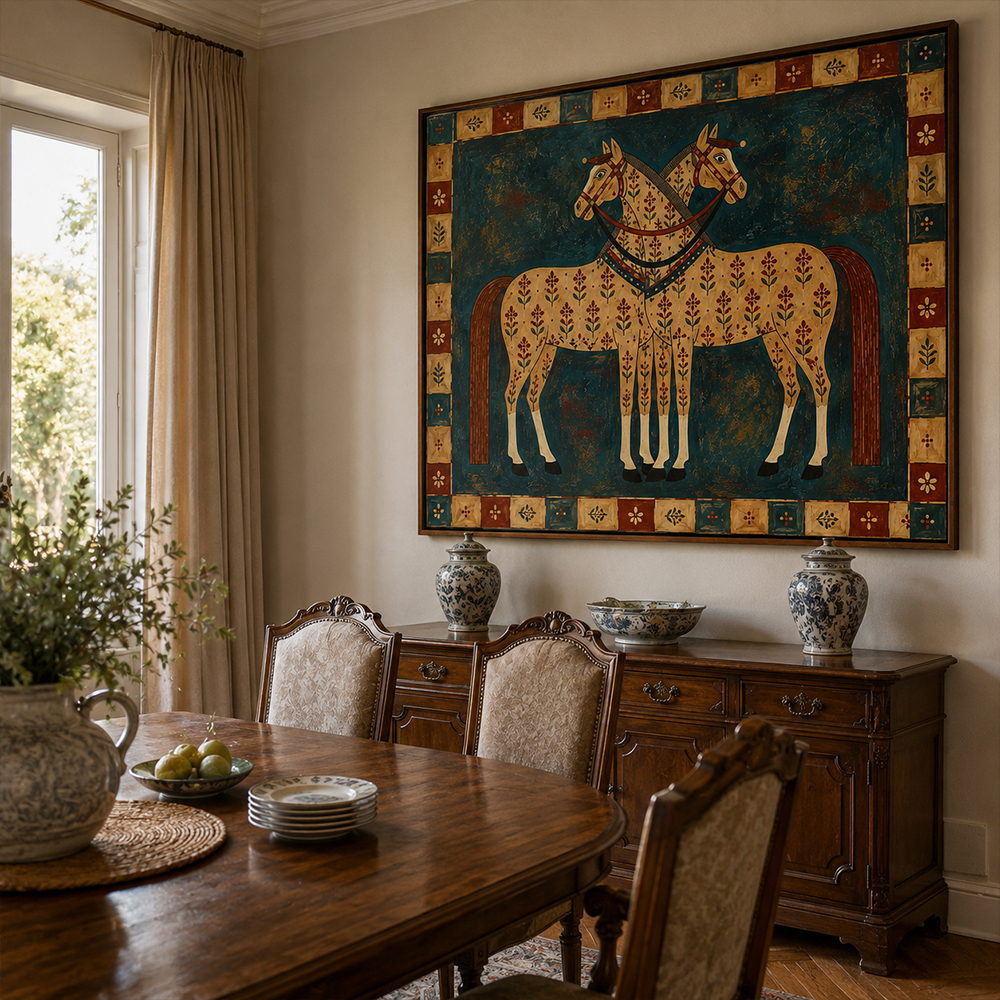 Vintage Americana Art – Folk Twin Horses Textured Handmade Oil Painting Wall Art