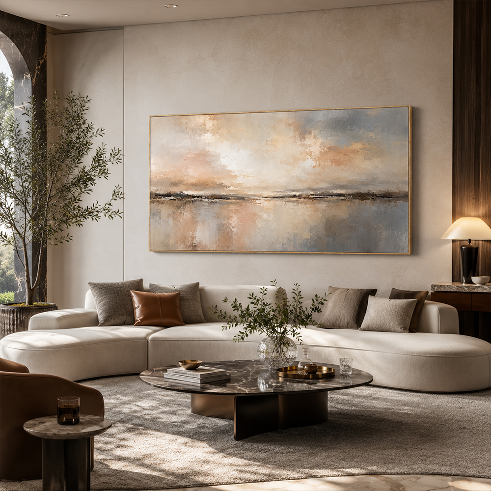 Abstract Wall Art – Neutral Lakescape Textured Handmade Oil Painting Wall Art