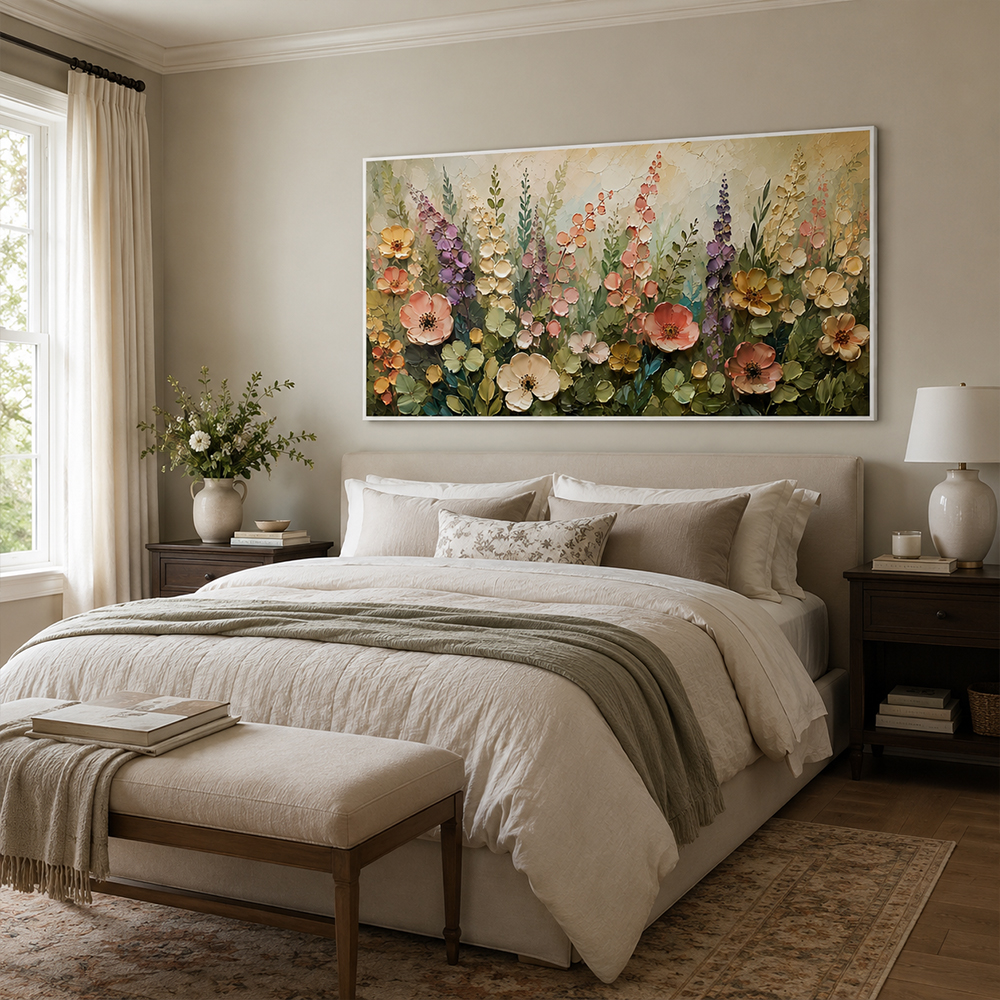 Texture Painting Art – Pastel Wildflower Textured Handmade Oil Painting Wall Art
