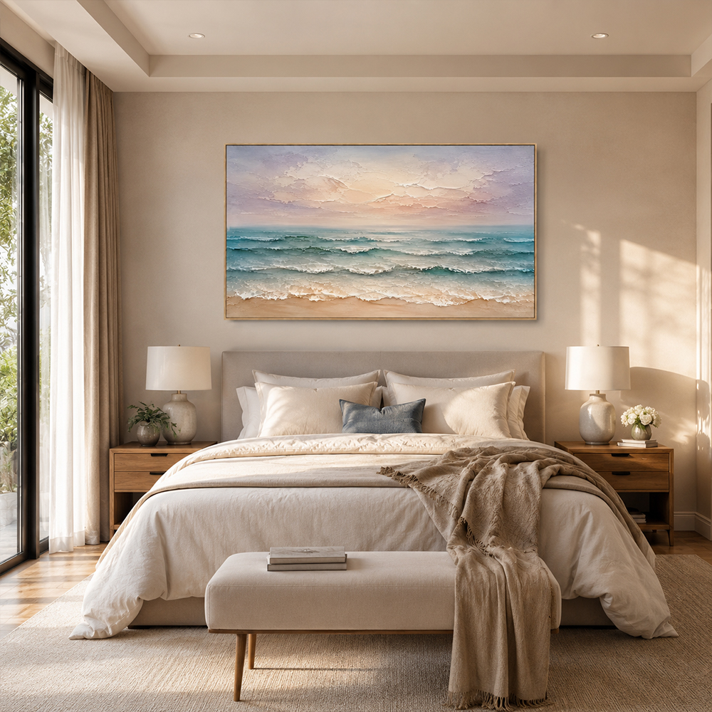 Texture Painting Art – Pastel Beach Waves Textured Handmade Oil Painting Wall Art