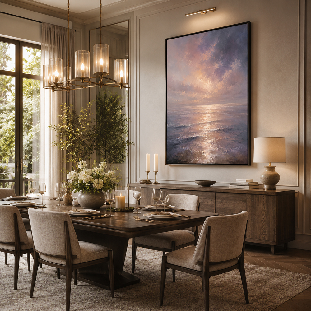 Minimalist Painting Art – Sunset Ocean Reflection Textured Handmade Oil Painting Wall Art