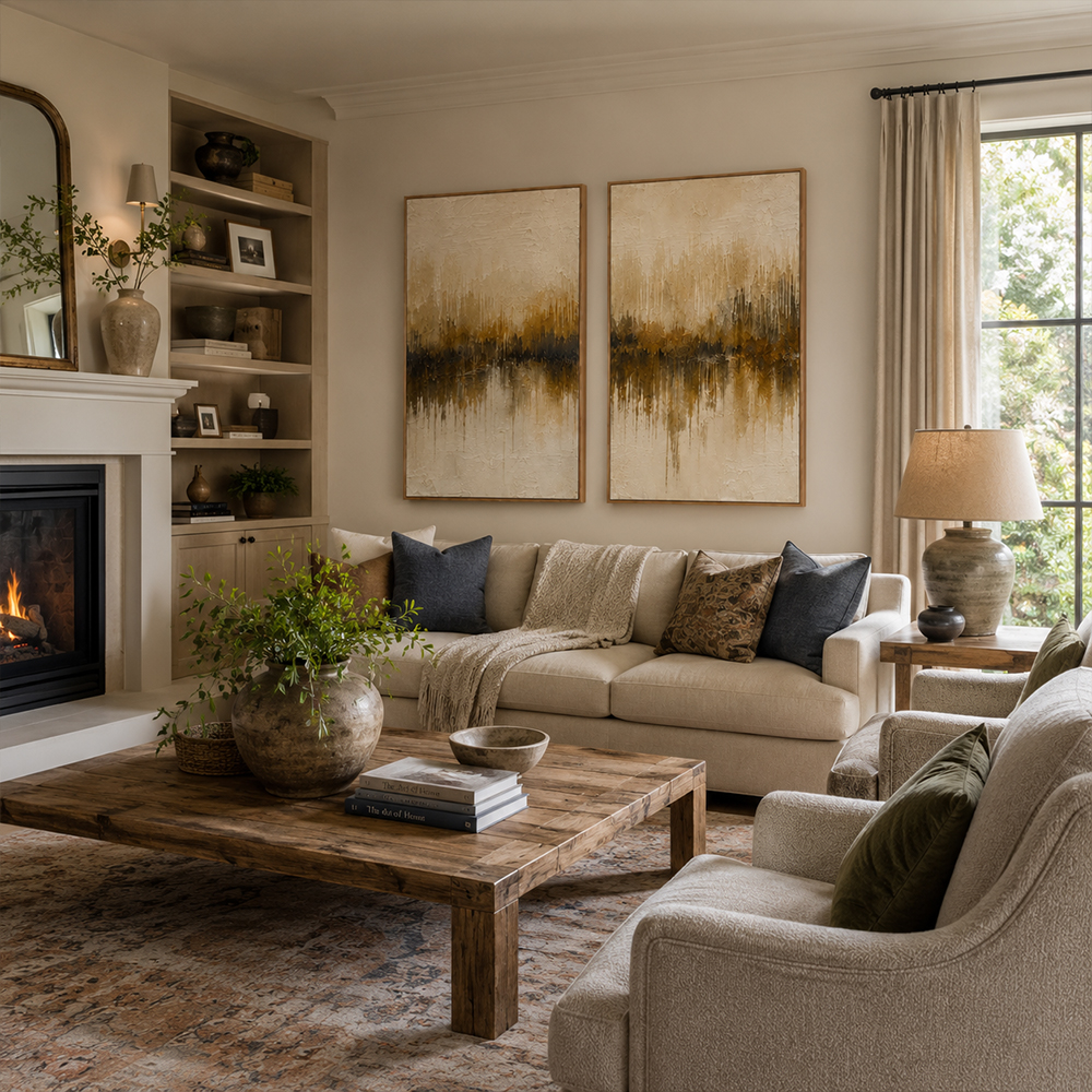 Abstract Wall Art – Neutral Forest Reflection Diptych