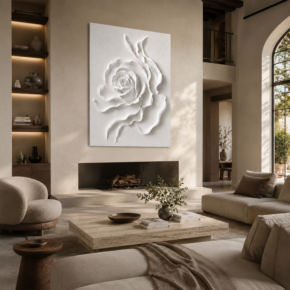 Minimalist Painting Art – Textured White Rose Relief