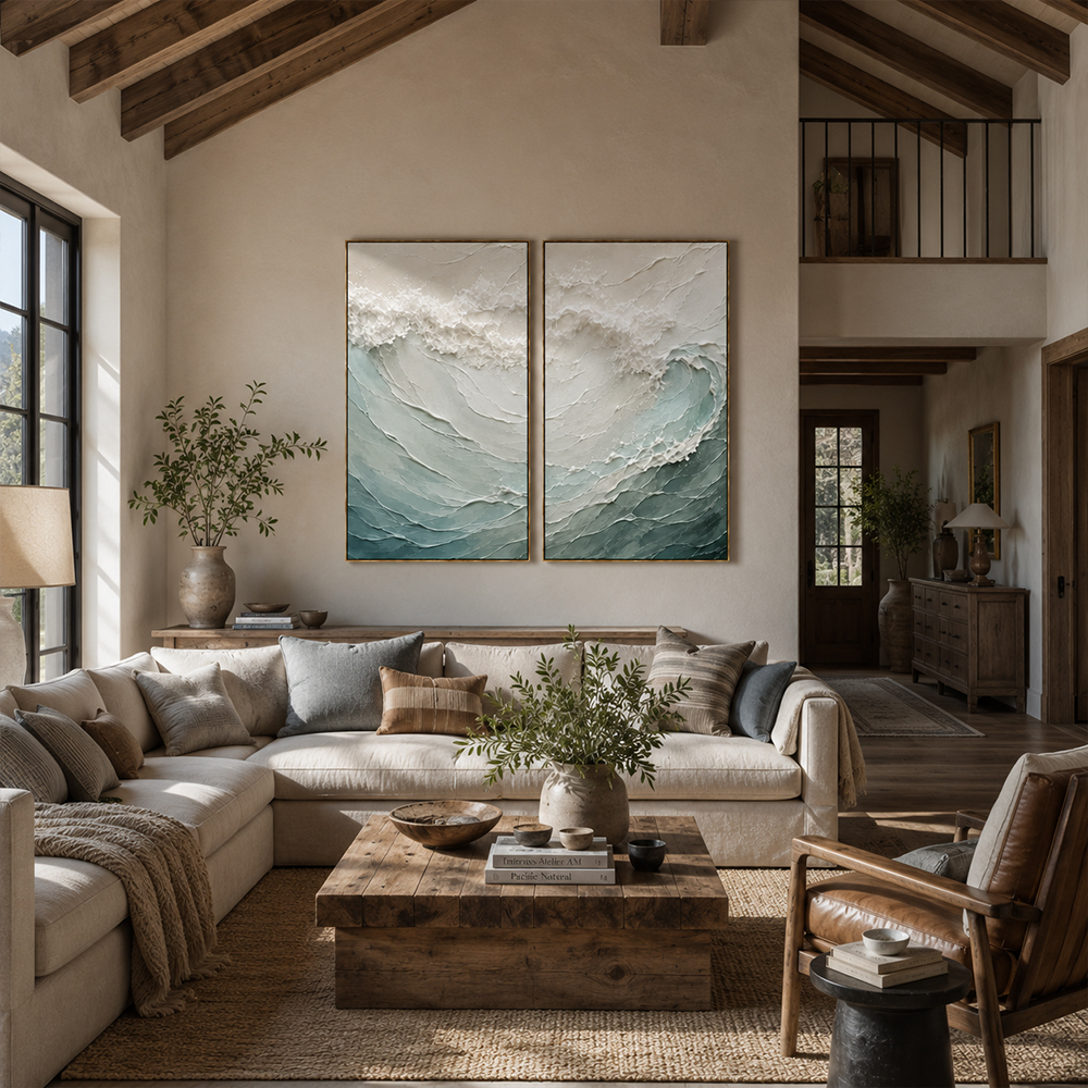 Minimalist Painting Art – Textured Ocean Wave Diptych