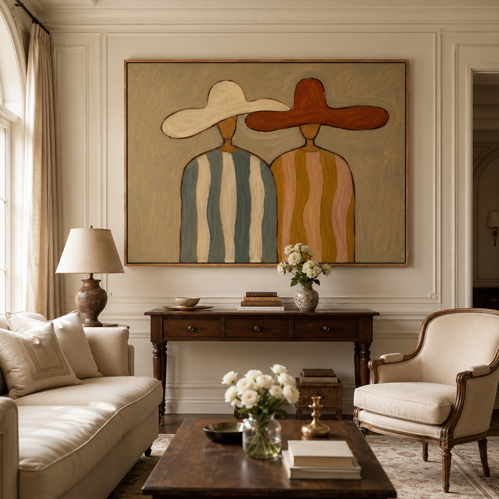 Vintage Americana Art – Earthy Minimalist Abstract Figure Handmade Textured Oil Painting Wall Art