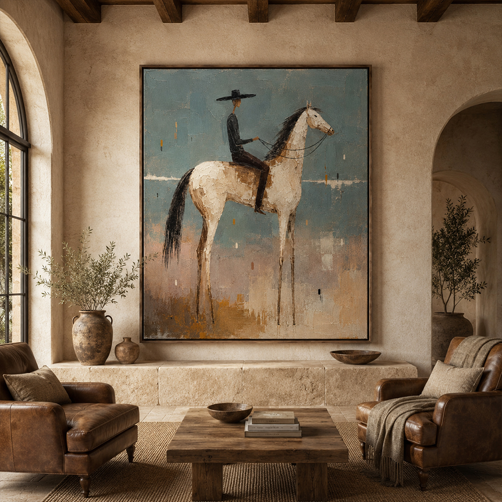 Vintage Americana Art – Textured Surreal Equestrian Handmade Oil Painting Wall Art