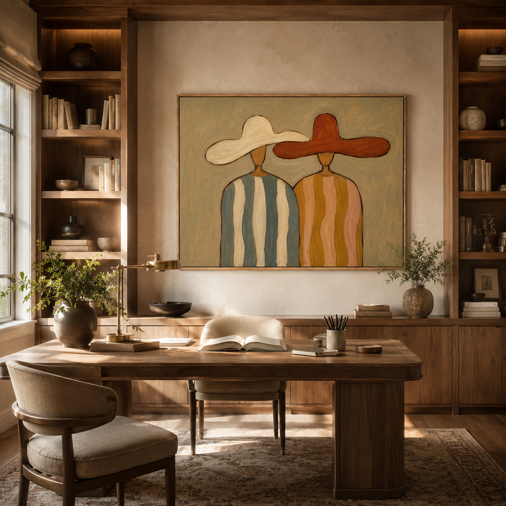 Vintage Americana Art – Earthy Minimalist Abstract Figure Handmade Textured Oil Painting Wall Art