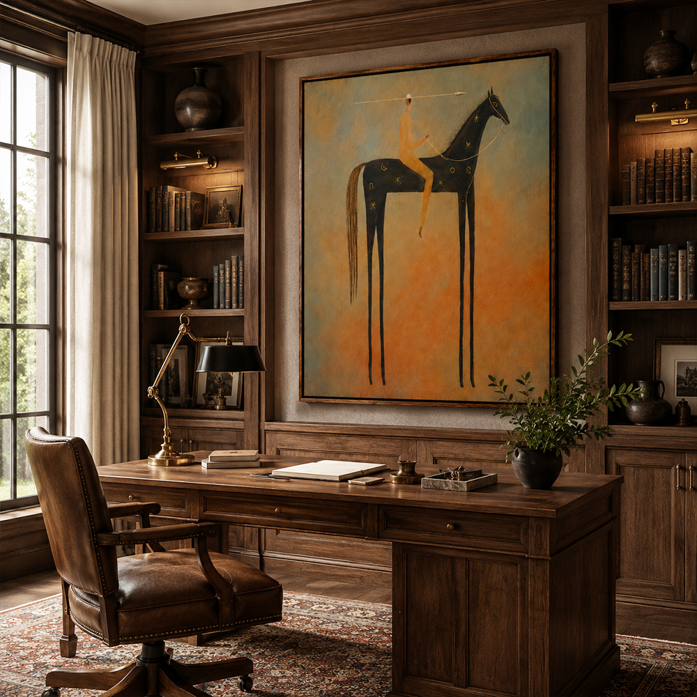 Vintage Americana Art – Celestial Starry Horse Rider Textured Handmade Oil Painting Wall Art