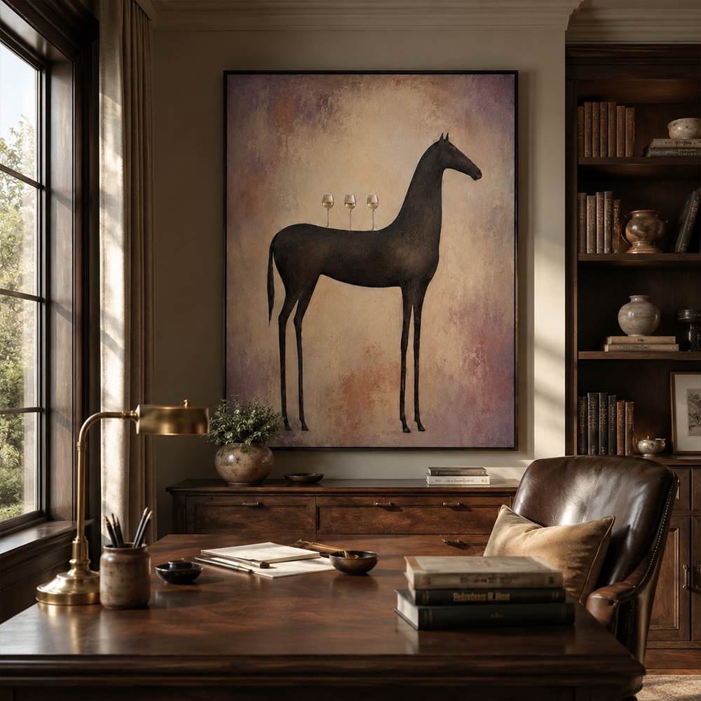 Vintage Americana Art – Slender Dark Horse with Wine Glasses Textured Handmade Oil Painting Wall Art