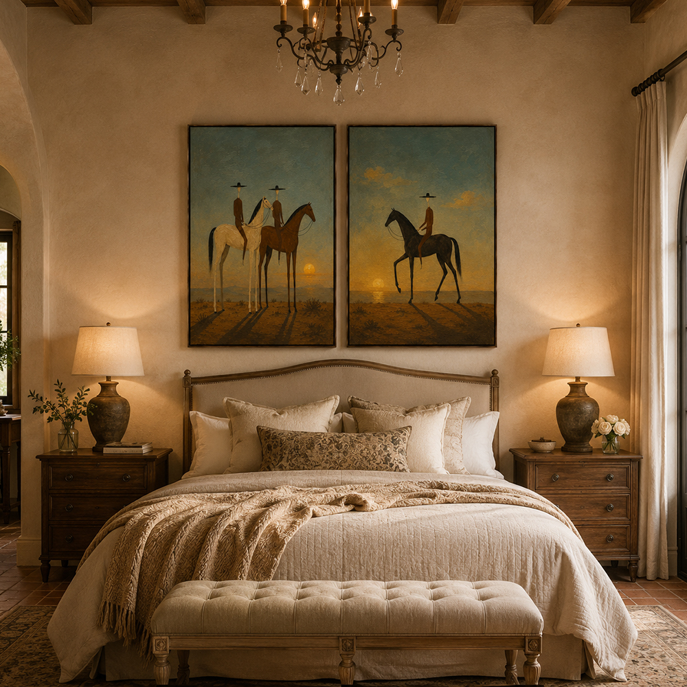 Vintage Americana Art – Sunset Cowboy Horse Diptych Textured Handmade Oil Painting Wall Art