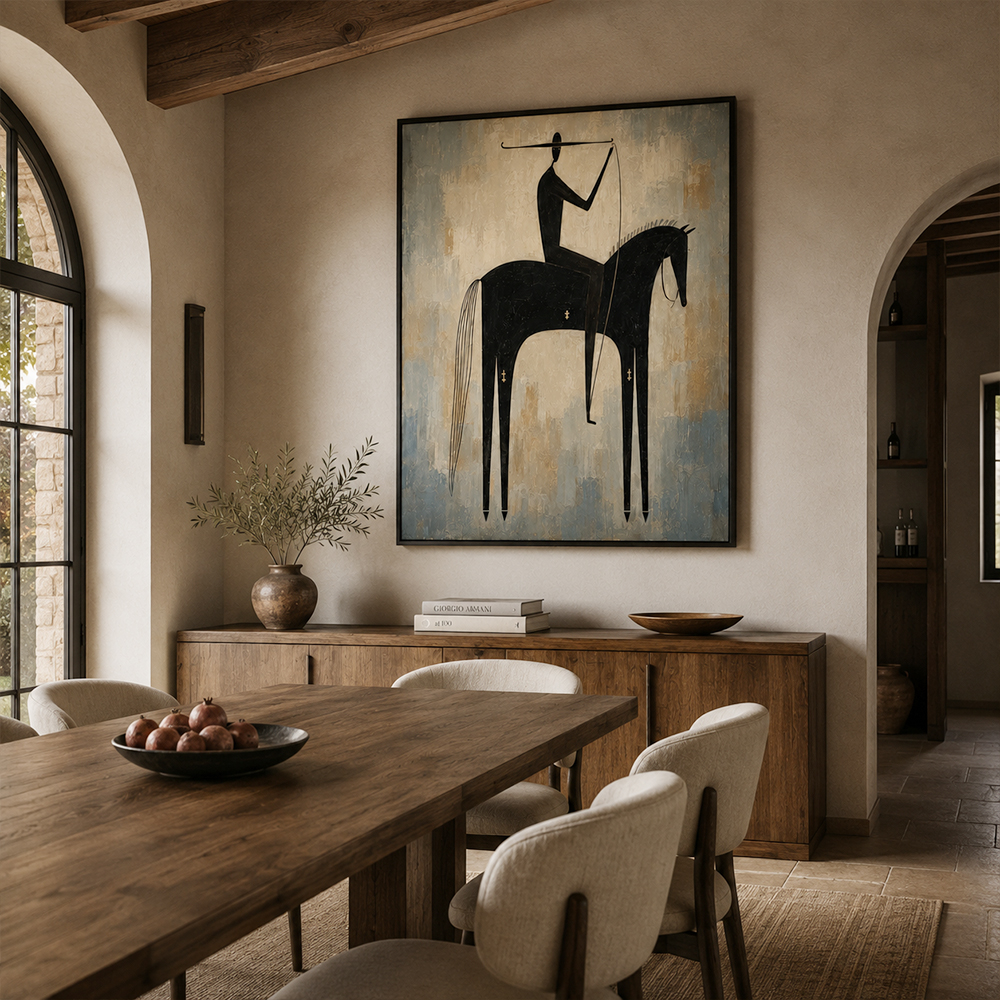 Vintage Americana Art – Primitive Black Horse Rider Textured Handmade Oil Painting Wall Art