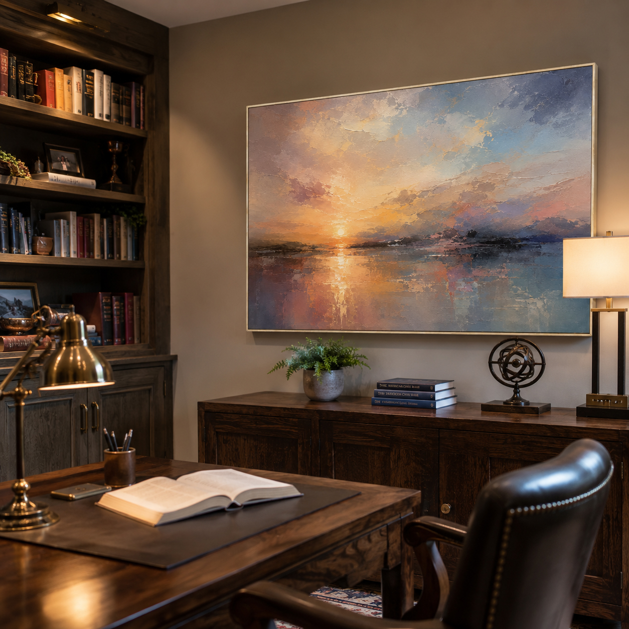 Abstract Wall Art – Sunset Lakescape Textured Handmade Oil Painting Wall Art