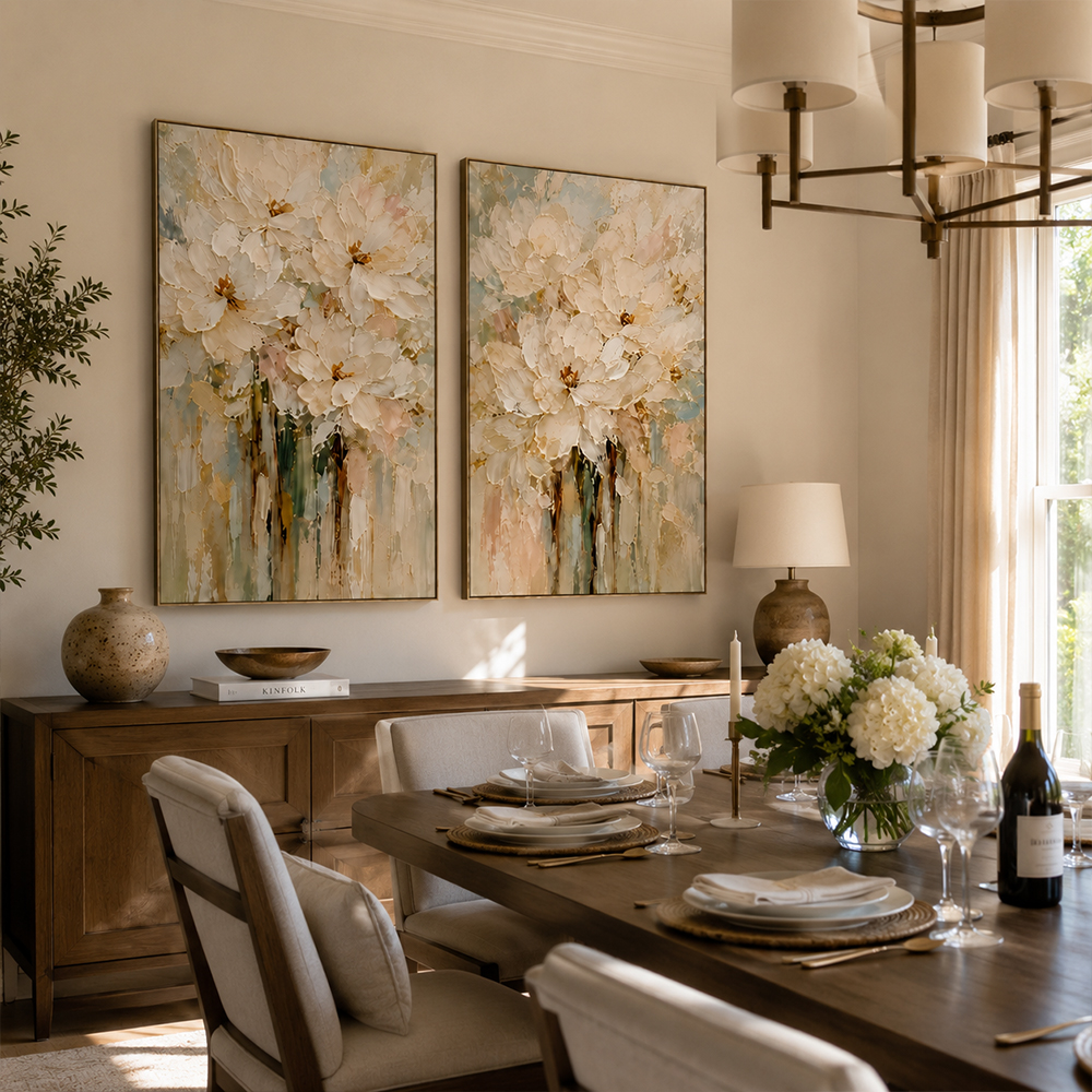 Abstract Wall Art – Cream Floral Textured Handmade Oil Painting Wall Art